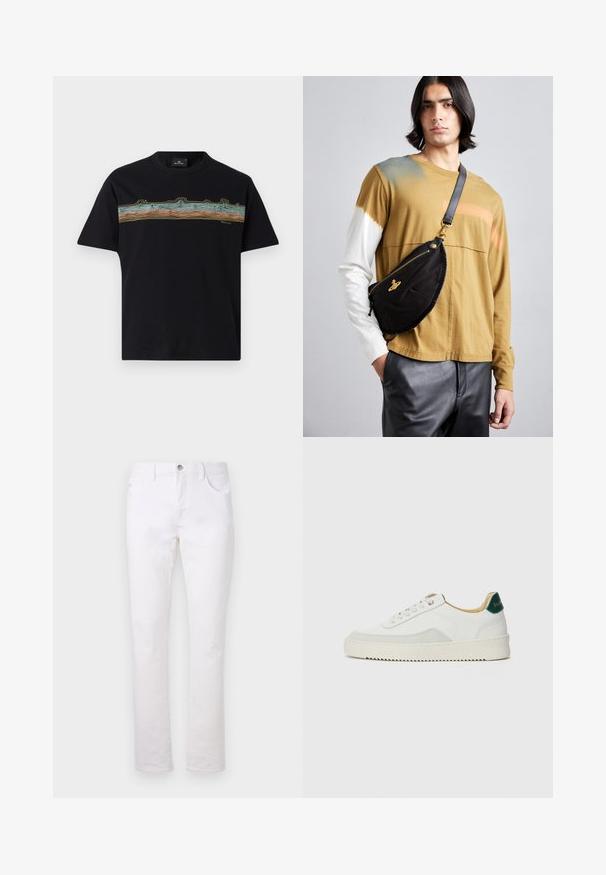 Black t-shirt featuring a horizontal, multicolored line design in blue, orange, and yellow. Short sleeves and a crew neck.; White denim jeans with a straight leg design, featuring two front pockets, a back pocket, and a metal button closure at the waist.; White sneaker with suede accents, rounded toe, flat laces, and a cream rubber sole. Features green branding on the heel.; Vivienne Westwood CITY BUMBAG UNISEX - Bum bag - black