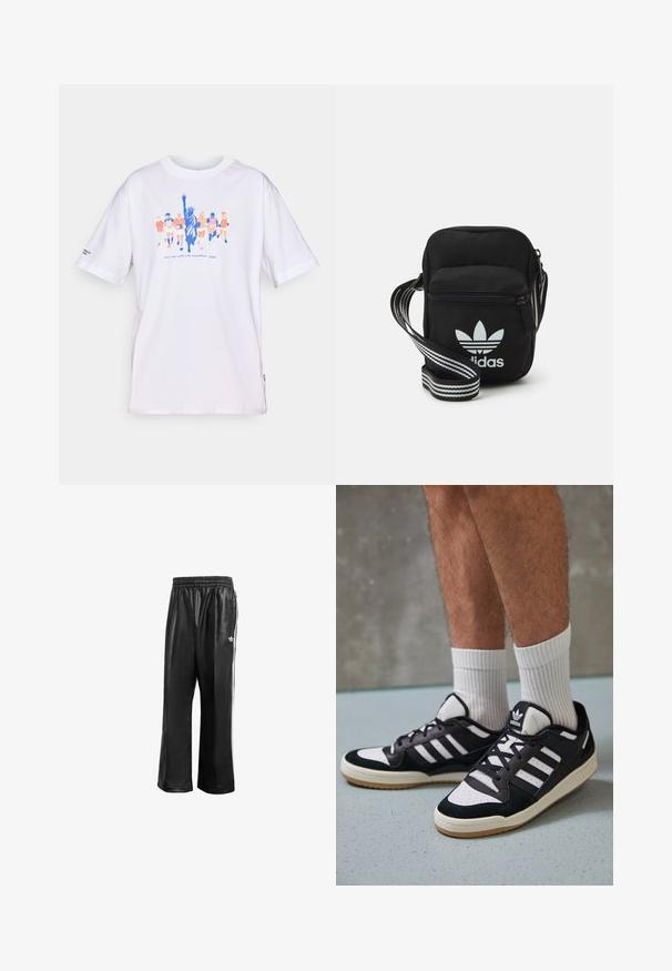 Baltas marškinėliai su spalvingų bėgikų ir Laisvės statulos grafika, su užrašu "tcs Niujorko miesto maratonas 2025" priekyje.; Juodos sintetinių medžiagų treniruočių kelnės su elastingu juosmeniu, su baltomis šoninėmis juostelėmis ir mažuoju baltu logotipu kairėje klubo pusėje.; Juodos ir baltos sportinės bateliai su zomšiniu ir odiniu viršumi, su trimis baltomis juostelėmis, perforuota koja ir guminėmis padais.; Juodas audinio per petį nešiojamas krepšys su užtrauktuku, turintis baltą Adidas logotipą ir dryžuotą reguliuojamą diržą patogiam nešiojimui.