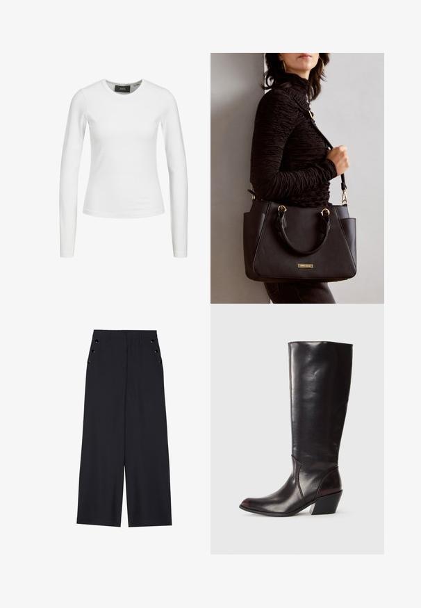 Top fitted de mangas longas, branco, feito de um tecido leve e elástico. Apresenta um decote redondo e não possui padrões nem adornos visíveis.; Calças largas de tecido azul marinho escuro, com uma textura suave, pregas frontais e ilhoses decorativos em tom dourado nos bolsos laterais.; Bota de couro castanha escura até ao joelho, com bico apontado, salto bloco angular e textura suave e brilhante. Apresenta um design limpo e detalhes de costura.; Bolsa preta com superfície texturizada, alças superiores duplas e alça de ombro ajustável. Apresenta ferragens em tom dourado e bolsos laterais.