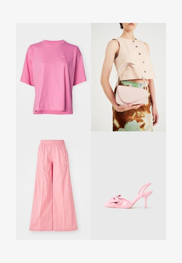 Carhartt WIP CHESTER - T-paita - charm pink; Vaaleanpunaiset leveät housut, jotka on valmistettu kevyestä kankaasta. Niissä on joustava vyötärö ja huomaamattomat valkoiset sivuviivat. Pieni logo edessä.; Vaaleanpunaiset patenttileather-lasit, joissa on teräväkärkinen muoto, koristeellinen sulka edessä ja kapea piikkikorko. Sujuva pinta.; Vaaleanpunainen nahkakäsilaukku, jossa on kaareva läppä, yksittäinen olkahihna ja puhtaat linjat. Laukussa on sileä pinta ja minimalistinen muotoilu.; Hopeinen kaksinkertainen rengas, jossa on sileä, kiillotettu pinta. Siinä on sulava, kaareva muotoilu, jossa on päällekkäisiä osia modernin ilmeen saavuttamiseksi.