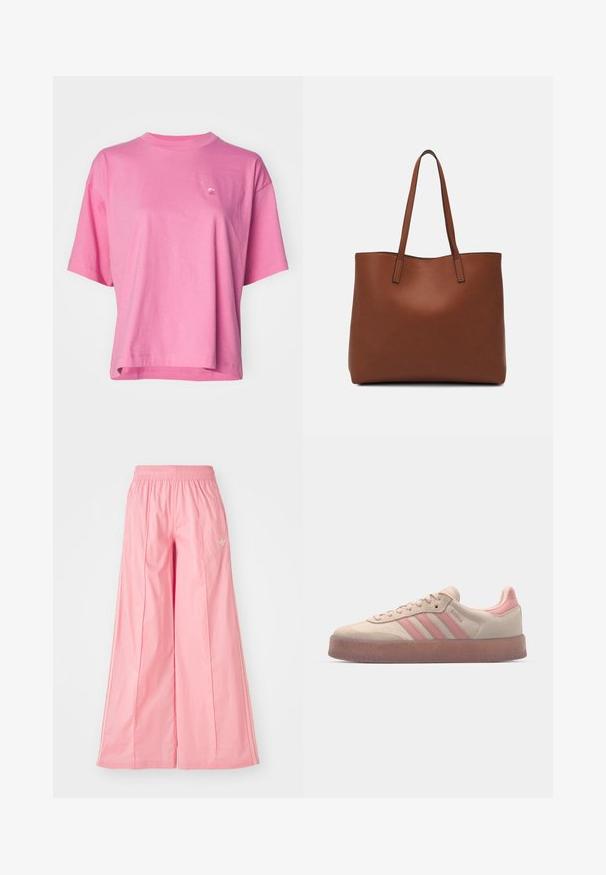 Carhartt WIP CHESTER - Tricou basic - charm pink; Pantaloni roz cu picioare largi, confecționați dintr-un material ușor, având o talie elastică și dungi albe subtiri pe lateral. Logo mic pe față.; Adidași din suede bej cu accente roz deschis, talpă din cauciuc texturat și trei dungi roz pe lateral. Vârf rotunjit și design cu șireturi.; Geantă de umăr din piele maro cu o textură netedă, design cu vârf deschis și două curele pentru umăr. Prezintă cusături minime și fără componente metalice vizibile.