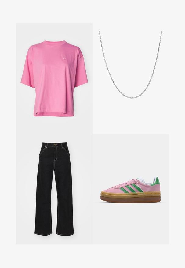 Carhartt WIP CHESTER - Lihtne T-särk - charm pink; Mustmustest mustadest denimist, millel on kontrastsed valged õmblused ja esine nupp, kahe nurga all asuva esipocketiga.; Roosa nahast tossud roheliste triipude, valgete aktsentide ja pruuni kummitaldiga. Omavad tekstuuriga kangast ja logo detaile külgedel.; Hõbedane kettkaelakee sujuva, ümmarguse lame lingikujundusega. Omab läikivat viimistlust ja mõõdab ligikaudu 20 tolli pikkust.