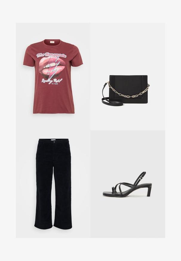 Camiseta de manga corta color marrón con un gráfico de labios y un rayo, con el texto "The Renegade" y "Rocking Ribs '95 Tour".; Pantalones de pana en negro, con un diseño de pierna recta, bolsillos frontales, cierre de botón y cremallera, y un acabado suave y texturizado.; Sandalia negra de tiras con punta cuadrada y tacón bajo de bloque. Presenta múltiples tiras delgadas y una correa ajustable en el tobillo. Fabricada en cuero suave.; Bolso cruzado de piel negra con textura suave, forma rectangular y un detalle de cadena metálica en el frente. Incluye una correa ajustable.; Anillo de plata de doble banda con una superficie lisa y pulida. Presenta un diseño fluido y curvado con secciones superpuestas para un aspecto moderno.