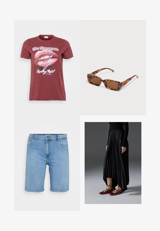 Bordový tričko s krátkymi rukávmi, s grafickým motívom pier a blesku, s textom "The Renegade" a "Rocking Ribs '95 Tour".; Svetlomodré deninové šortky s klasickým strihom, s predným zapínaním na gombík, pútkami na opasok a dvoma bočnými vreckami. Hladká textúra a rovný lem.; Čierna plisovaná sukňa s vysokým a nízkym lemom, skombinovaná s lesklými červenými balerínami s dizajnom remienkov. Tkanina má hladkú textúru.; Rámik slnečných okuliarov z korytnačiny s obdĺžnikovými hnedými sklami, hrubým rámom a štíhlymi stranicami so vzorom rôznych odtieňov hnedej.; Strieborné kruhové náušnice s hladkým, lesklým povrchom. Kolový tvar a bezpečné klikanie na uzatváranie. Ľahký dizajn vhodný na každodenné nosenie.