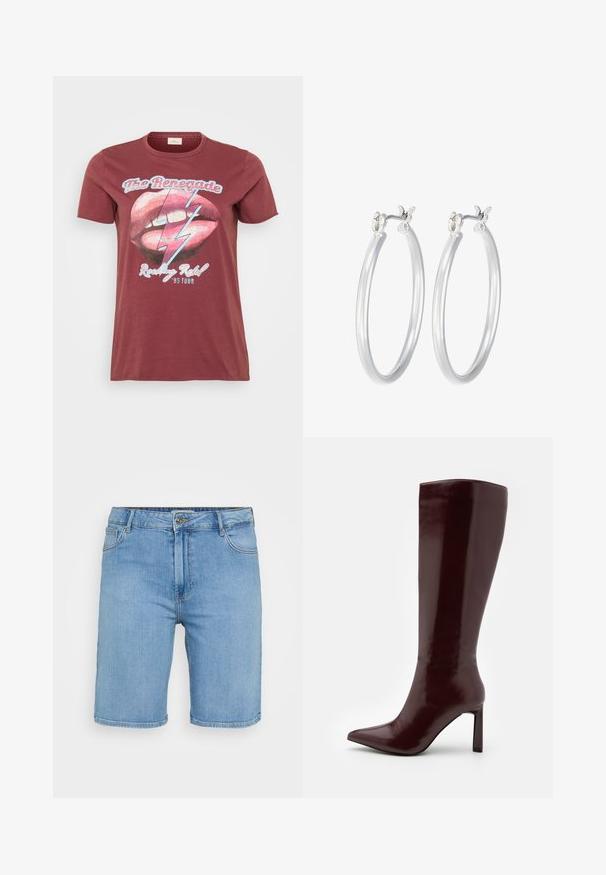 Burgundi lühikese varrukaga T-särk, millel on huulte ja välguga graafika, koos tekstiga "The Renegade" ja "Rocking Ribs '95 Tour".; Heledad sinine teksade lühikesed püksid klassikalise lõikega, millel on ees nööp sulgemine, vöökonksud ja kaks külge taskut. Silusd tekstuur ja sirge äär.; Even&Odd Saapad - dark red; Hõbedased rõngaskõrvarõngad, millel on sile, läikiv viimistlus. Ümmargune kuju ja turvaline klõpsulatus. Kerge disain, sobib igapäevaseks kandmiseks.