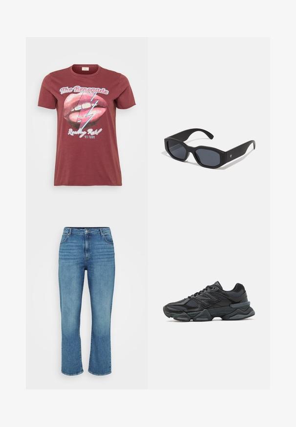 Bordo trumpas rankovės marškinėliai su lūpų ir žaibo grafika, su užrašais "The Renegade" ir "Rocking Ribs '95 Tour".; Šviesiai mėlynos džinsinės kelnės su tiesiu kojų kirpimu, turinčios penkias kišenes, diržo kilpas ir subtiliai išblukusius priekinius šonus.; Juodas bėgimo batelis, pagamintas iš tinklinės ir sintetinės medžiagos, turintis stambų pado dizainą, kreivą formą ir ryškią prekės ženklą šone.; Juodos akiniai nuo saulės su stačiakampiais rėmeliais, matinio paviršiaus, tamsiais objektyvais ir šiek tiek lenktomis rankenėlėmis. Diskretiška logotipo detalė ant vienos rankenėlės.