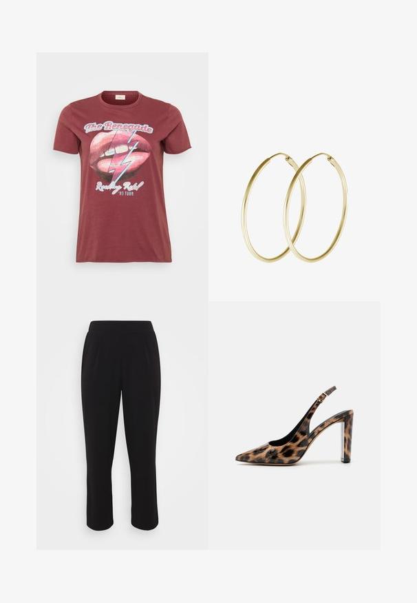 Maronas īsām piedurknēm T-krekls ar grafiku, kurā redzami lūpas un zibens, ar tekstu "The Renegade" un "Rocking Ribs '95 Tour".; Melnas īsas bikses ar gludu tekstūru, elastīgu jostasvietu un taisnām kājām. Iekļautas priekšējās krokas papildu detaļai.; Lāču raksta slingback kurpes ar norādītu purngalu un caurspīdīgu bloku papēdi. Izgatavotas no spīdīgas masas ar gludu tekstūru.; Zelta auskari ar gludu, noapaļu dizainu un spīdīgu apdari. Viegls izpildījums ar drošu aizdari.