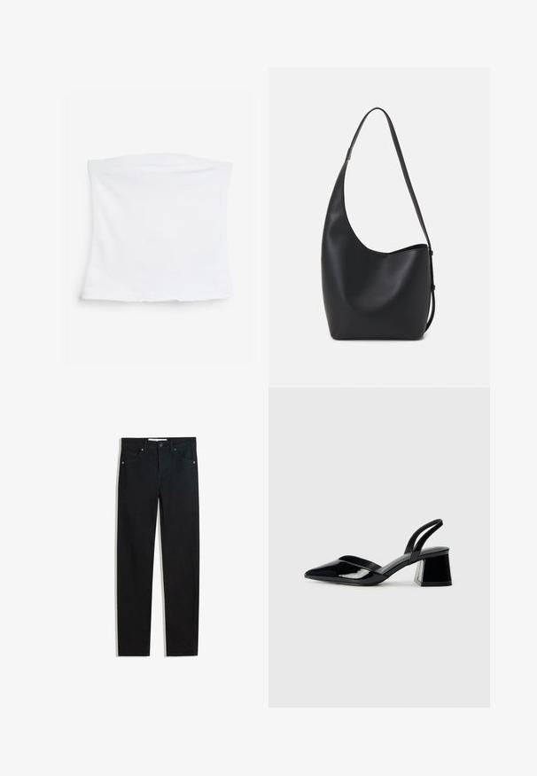Top alb, elastic, fabricat din bumbac moale. Design simplu cu o croială dreaptă și textură netedă, fără modele sau accente vizibile.; Pantaloni din denim negri cu un design drept, cinci buzunare, închidere cu nasture metalic și detalii subtile de cusătură. Textură netedă.; Pantofi cu toc slingback din piele lacuită neagră, cu vârf ascuțit și toc geometric. Prezintă un design elegant, minimalist și o textură netedă.; Geantă hobo din piele neagră, cu o textură netedă, formă curbată și un singur bretele ajustabil; are o deschidere largă în partea de sus.