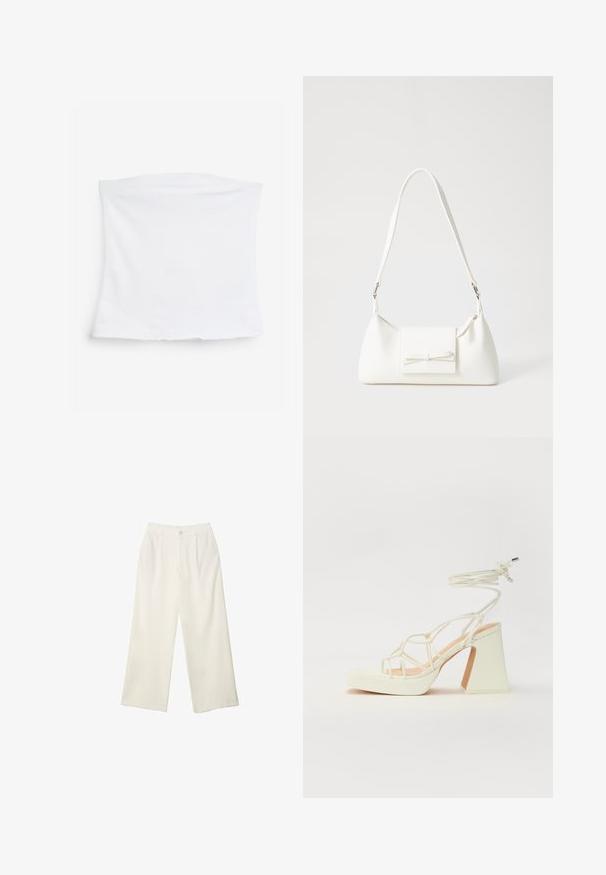 Valkoinen, joustava putkivarsi, joka on valmistettu pehmeästä puuvillakankaasta. Yksinkertainen muotoilu suoran leikkauksen ja sileän pinnan kanssa, ilman näkyviä kuvioita tai koristeita.; Kermanhousut vaaleassa kankaassa, jossa on sileä rakenne, yksittäinen etunappi, hienovaraiset laskokset ja korkea vyötärömuotoilu.; Valkoinen korkokenkä, jossa on paksu korko, ja joka sisältää nauhakiinnityksen ja nilkkaketjun. Sujuva pinta, jossa on platform-etupohja lisäkorkeutta varten.; Valkoinen synteettinen käsilaukku, jossa on kolmikulmainen muoto, tasainen etu läppä ja nauhadetail, säädettävä olkahihna, sileä rakenne ja minimalinen muotoilu.