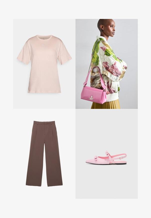 Jasnoróżowa koszulka z krótkim rękawem wykonana z miękkiej bawełny. Posiada małe, białe haftowane logo na piersi oraz okrągły dekolt.; Szerokie spodnie w jednolitym brązowym kolorze, z gładką fakturą, fałdami z przodu i dopasowanym paskiem w talii. Brak widocznych logo lub wzorów.; Różowe, płaskie buty slingback z ostrym noskiem i dwiema dekoracyjnymi kokardkami. Gładki materiał sztuczny, minimalistyczny design i cienki pasek na kostce.; Kurtka bomber z pikowanym kwiatowym wzorem w kolorach zielonym, różowym i beżowym; w zestawie z błyszczącą różową torebką z łańcuszkiem i logo.