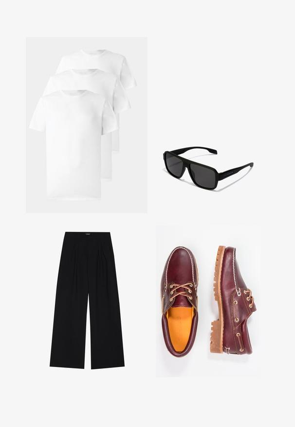 Trzy białe koszulki wykonane z bawełny, z okrągłym dekoltem, krótkim rękawem i gładką, jednolitą fakturą bez widocznych wzorów lub akcentów.; YOURTURN UNISEX czarny; Bordowe skórzane buty z brązowymi gumowymi podeszwami, okrągły czubek, białe przeszycia i złote oczka. Wnętrze posiada żółtą podszewkę.; Hawkers PARLAY UNISEX czarny