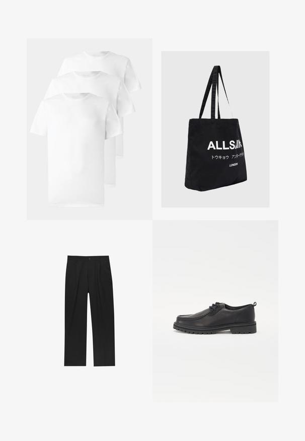 Drei weiße T-Shirts aus Baumwolle mit Rundhalsausschnitt, kurzen Ärmeln und einer glatten, einfarbigen Textur ohne sichtbare Muster oder Akzente.; Schwarze Hose mit geradem Schnitt, aus einem glatten Stoff gefertigt. Verfügt über Vorderfalten und einen einzelnen Knopfverschluss an der Taille.; Schwarze Schnürschuhe aus Leder mit rund zulaufender Spitze, strukturierter Sohle und erhöhten Nähten entlang der Kanten. Schlichtes Design ohne Muster oder Verzierungen.; Schwarze Canvas-Shopper-Tasche mit zwei langen Griffen, mit weißem Text "ALLSAINTS" und zusätzlichen Zeichen in moderner Schriftart.