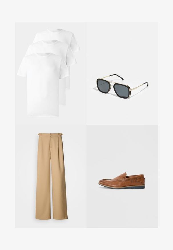 Tři bílé trička vyrobené z bavlny, s kulatým výstřihem, krátkým rukávem a hladkou, jednobarevnou strukturou bez viditelných vzorů nebo akcentů.; Béžové kalhoty s širokými nohavicemi a vysokým pasem, s plisem v přední části a poutky na pásek. Vyrobené z hladké tkaniny s čistým, minimalistickým designem.; Hnědé kožené mokasíny s kulatou špičkou, prošívanými detaily a nízkou gumovou podrážkou. Design zahrnuje pásek přes vrch.; Černé a zlaté sluneční brýle se čtvercovým tvarem, kovovým rámem, tmavě šedými skly a černými koncovkami nožiček. Disponují designem s dvojitým mostem.