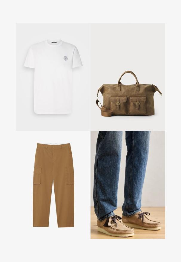 Witte katoenen t-shirt met korte mouwen en een ronde hals. Heeft een klein grijs grafisch ontwerp van een leeuwenkop op de linkerborst.; Bruine cargobroek met twee zijzakken, een vlakke voorkant en een rechte pijp. Gemaakt van een duurzame stof met een gladde textuur.; Suède mocassins in tan met een donkerbruin accent, ronde neus en een zachte witte zool. Beschikt over een vetersluiting en gestikte details.; Bruine leren weekendtas met twee voorzakken, verstelbare schouderband, gouden hardware en stevige handvatten aan de bovenkant. Strakke textuur.