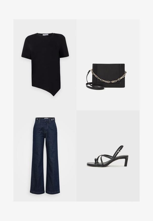 Melna īsām piedurknēm T-kreklu ar asimetrisku apakšmalu un apaļu kakla izgriezumu; izgatavots no mīkstas, gludas auduma ar minimālistisku dizainu.; Tumši zili augstās vidukļa plašie džinsi ar pogu regulētājiem jostasvietā, priekšējām kabatām un ar rāvējslēdzēju.; Melnas strappy sandales ar kvadrātveida purngaliem un zemu bloku papēdi. Ievērojamas ar vairākiem plāniem siksniņām un regulējamu potītes siksniņu. Izgatavotas no gludas ādas.; Melna ādas crossbody soma ar gludu faktūru, taisnstūrveida formu un metalizētu ķēdes detaļu priekšā. Iekļauta regulējama siksna.