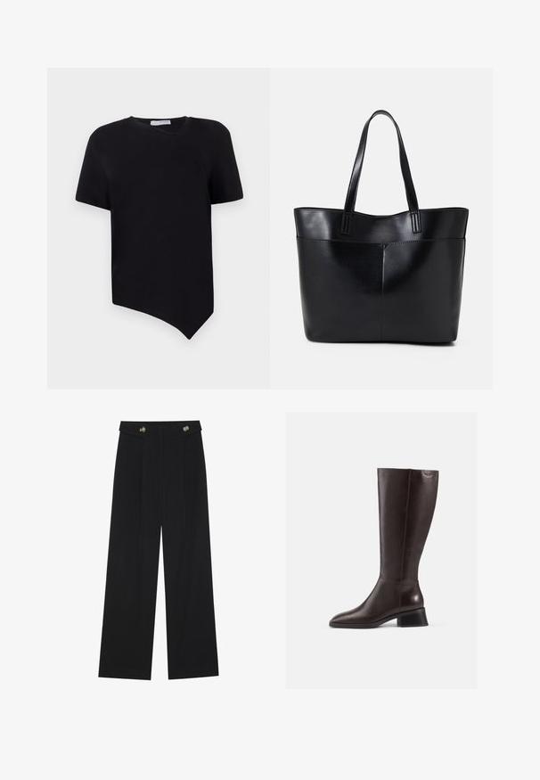 Black short-sleeve t-shirt with an asymmetrical hem and a round neckline; made of soft, smooth fabric with a minimalist design.; Black wide-leg trousers with high waist, button details on waistband, and front pleats.; Knee-high brown leather boots with a smooth finish, rounded toe, and a stacked black heel. Simple design with minimal hardware details.; Black leather tote bag with two long handles, a smooth texture, and a structured shape. Features a front pocket for additional storage.