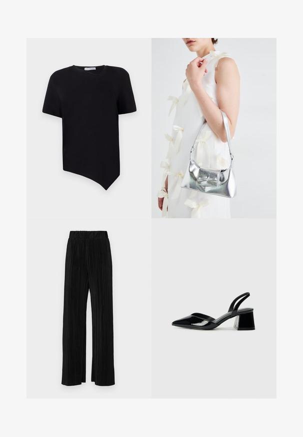 Black short-sleeve t-shirt with an asymmetrical hem and a round neckline; made of soft, smooth fabric with a minimalist design.; Black pleated trousers with an elastic waistband. Features wide legs and a smooth, textured fabric with vertical stripes.; Black patent leather slingback heels with a pointed toe and a geometric block heel. Features a sleek, minimal design and smooth texture.; Silver metallic handbag with a structured shape, featuring a top handle and bow detail on the front. Smooth texture, reflective finish.