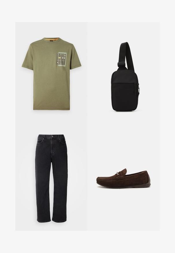 Olíva zöld pamut póló göndör nyakkivágással és rövid ujjakkal. Egy zsebet is tartalmaz, amelyen fekete, sárga és fehér grafikával készült nyomat található.; Fekete farmernadrág egyenes szabással, öt zsebbel és kontrasztos varrással. Gombos záródással és övbújtatókkal a derékrészen.; Barna velúr lófaragók, varrott mintázattal, finom textúrával, kerek orral és ezüst hardware díszítéssel. Alacsony gumi talp a kényelem érdekében.; Fekete keresztpántos táska, tartós anyagból készült, egy állítható pánttal, cipzáras főrekesszel és elülső zsebbel.