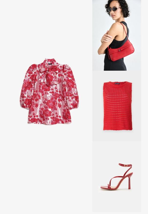Rode mouwloze gebreide top met open geweven ontwerp, gegolfde randen en ronde halslijn. Lichtgewicht stof, ideaal voor warm weer.; Rode gebloemde blouse met pofmouwen, hoge hals en strikdetail. Gemaakt van glanzende stof met een patroon van grote bloemen op een roze achtergrond.; ALDO SCINTILLA - Sandalen met hoge hak - red; Rode leren schoudertas met een gladde textuur, gebogen ontwerp en een decoratieve sluiting. Verstelbare schouderband en ritssluiting.