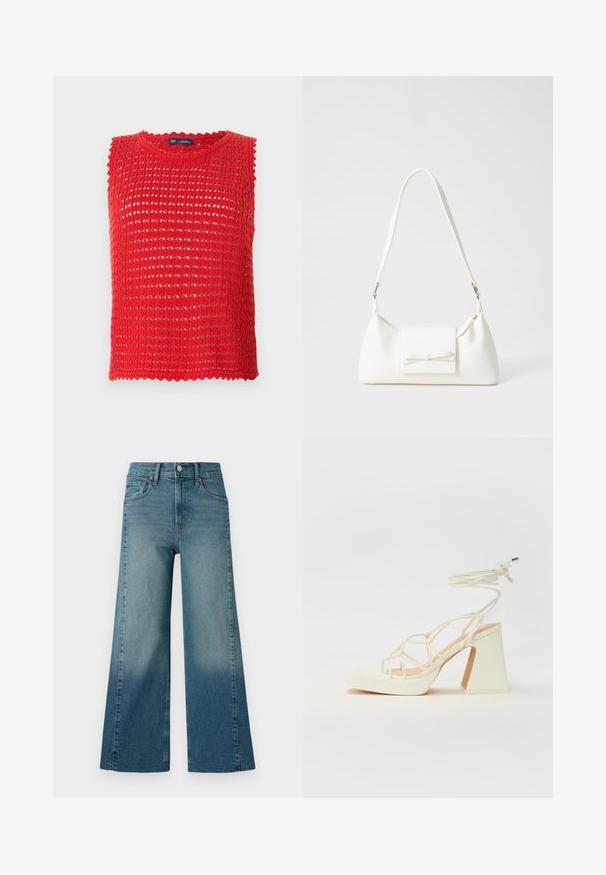 Červený bezrukávový pletený top s otvoreným vzorom, vlnitými okrajmi a okrúhlym výstrihom. Ľahký materiál, ideálny na teplé počasie.; Džínsy s širokými nohavicami v stredne modrej farbe, s gradientným efektom od tmavej po svetlú. Vyrobené z denimu s tradičným dizajnom piatich vreciek.; Biele sandále na vysokom opätku s hrubým podpätkom, s pruhovaným dizajnom a viazaním na členku. Hladký povrch s platformou vpredu pre zvýšenú výšku.; Biela syntetická kabelka s trojuholníkovým tvarom, plochým predným klapkou a detailom mašle, nastaviteľným popruhom, hladkou textúrou a minimalistickým dizajnom.
