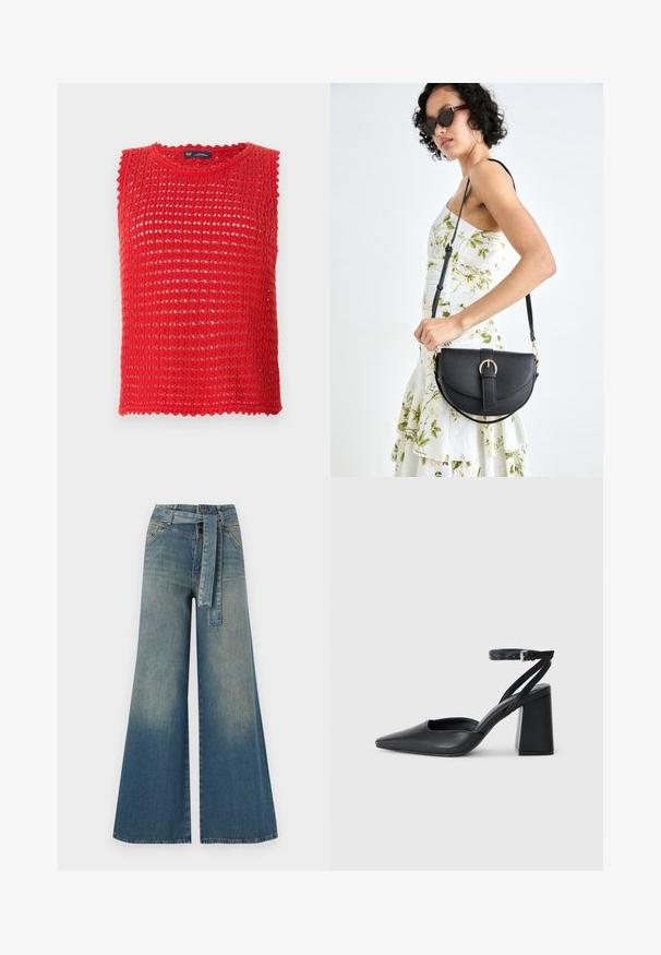 Piros ujjatlan kötött felső, nyitott szövési mintával, fodros szélekkel és kerek nyakkivágással. Könnyű anyag, ideális meleg időjárásra.; Bőszárú farmernadrág, világos és sötétkék árnyalatokkal, magas derekú, övgyűrűkkel és a nadrággal megegyező anyagú övvel. Textúrált farmer kivitel.; Fekete bőr, hegyes orrú magassarkú cipő boka pánttal és vastag sarokkal. Sima textúra, elegáns dizájn és minimális esztétika.; Fekete bőrtáska ívelt formával, levehető pánttal és arany színű fémrészekkel. A táskán egy csattal díszített fedél található.