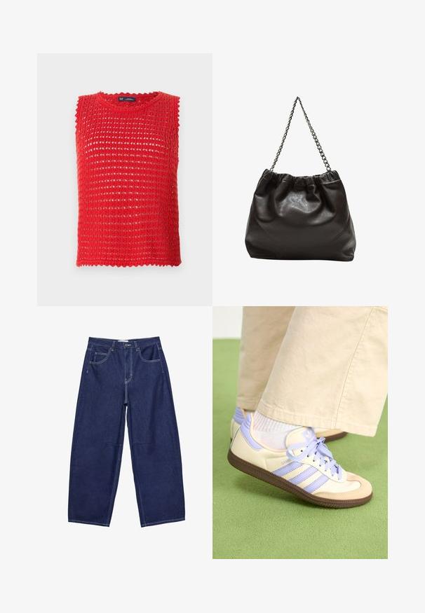 Top senza maniche di maglia rossa con design a trama aperta, bordi ondulati e scollatura rotonda. Tessuto leggero, ideale per il clima caldo.; Pantaloni a gamba larga in denim blu scuro con vita alta, cinque tasche e cuciture bianche a contrasto. Texture liscia, design classico.; Sneakers crema e lavanda con tre strisce e suola marrone texturizzata, dotati di lacci e tallone imbottito. Parte superiore in tessuto morbido.; Borsa in pelle marrone con parte superiore arricciata e tracolla a catena. Texture liscia con finitura lucida e dettagli di cucitura sottili sui lati.