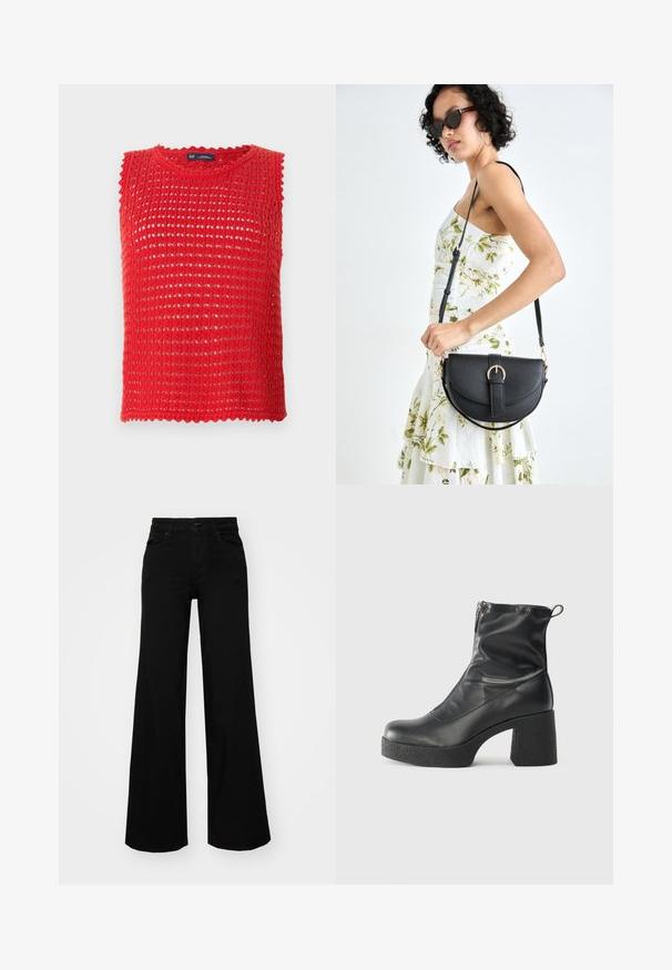 Červený bezrukávový pletený top s otevřeným vzorem, vlnitými okraji a kulatým výstřihem. Lehce materiál, ideální pro teplé počasí.; Černé široké kalhoty vyrobené z denimu, s pevným pasem, poutky na opasek a předními kapsami. Hladká textura s klasickým designem.; Černé kotníkové boty vyrobené z hladké kůže, s bočním zipem, robustním strukturovaným podpatkem a kulatou špičkou.; Černá kožená kabelka s křivkovým tvarem, odnímatelným popruhem a zlatými detaily. Kabelka má klopu s přezkou.