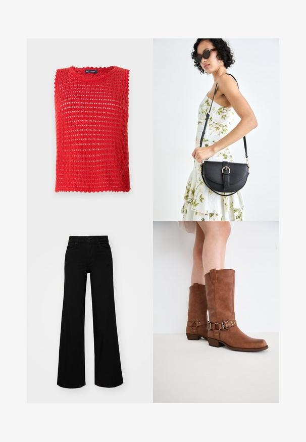 Red sleeveless knit top with open weave design, scalloped edges, and round neckline. Lightweight fabric, ideal for warm weather.; Black wide-leg pants made of denim, featuring a structured waistband, belt loops, and front pockets. Smooth texture with a classic design.; Brown leather ankle boots with a slightly pointed toe, decorative buckles, and a low stacked heel. Smooth texture with a matte finish.; Black leather handbag with a curved shape, detachable strap, and gold hardware. The bag features a flap with a buckle detail.