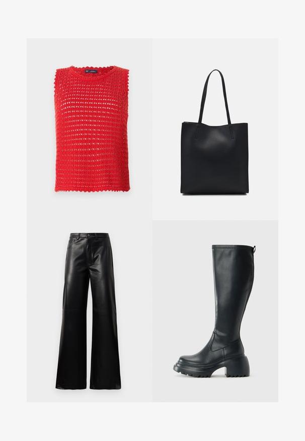 Top de punto sin mangas en color rojo con diseño de tejido abierto, bordes en forma de concha y escote redondo. Tela ligera, ideal para el clima cálido.; Pantalones de imitación de cuero negros de cintura alta y pierna ancha con botón frontal, cierre de cremallera, pasadores para cinturón y bolsillos laterales sobre fondo blanco.; Bota alta de cuero negro con suela de plataforma gruesa y tacón cuadrado, que cuenta con una lengüeta y un relieve texturizado en la suela exterior.; Bolso tote de cuero negro con textura lisa, forma rectangular y dos asas largas. Sin herrajes ni adornos visibles.