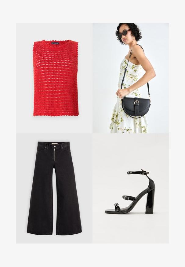 Top de malha sem mangas em vermelho com design de trama aberta, bordas em forma de ondulação e decote redondo. Tecido leve, ideal para o clima quente.; Calças de ganga de perna larga em denim preto com fecho éclair à frente, design de cinco bolsos e detalhes de costura subtil. Textura suave e estilo casual.; Sandálias de tacão preto laqueadas com bico quadrado, tiras para o tornozelo e fivelas prateadas. Apresentam um salto bloco chunky para estabilidade.; Bolsa de couro preta com forma curva, alça destacável e detalhes em dourado. A bolsa possui uma aba com detalhe de fivela.