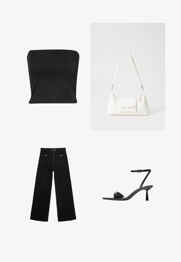 Černý top bez ramínek vyrobený z hladkého, lesklého materiálu. Má přiléhavý design bez švů, což poskytuje elegantní siluetu.; Černé široké džíny s vysokým pasem, obsahující dvě přední kapsy a kovové knoflíkové detaily. Látka má hladkou texturu.; Bershka Sandály na vysokém podpatku - black; Bílá syntetická kabelka v trojúhelníkovém tvaru, s plochým předním klopným víkem a detailem mašle, nastavitelným popruhem, hladkým povrchem a minimalistickým designem.