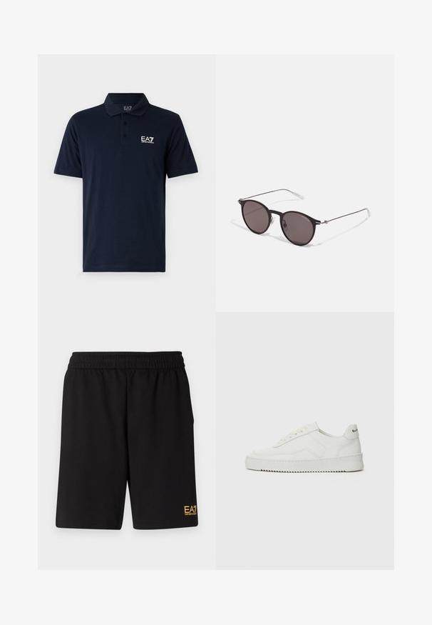 Navy blå polo skjorte laget av bomull, med krage, korte ermer, og en hvit EA7-logo på venstre bryst. Klassisk passform.; Sorte treningsshorts laget av mykt stoff, med elastisk midje og en liten gul EA7-logo nederst på venstre ben.; Hvite lærersneakers med en jevn overflate, rund tå, flate lisser og en teksturert såle. Har en subtil logo på hælen.; Sorte, runde solbriller med mørke linser og slanke metalarmer. Inkluderer klare temple tips og sølvfargede detaljer ved hengslet. Minimalistisk design.