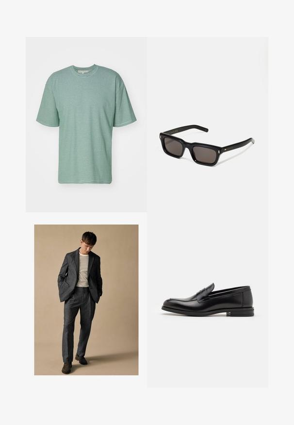 Triibuline t-särk helesinises toones tumedate roheliste horisontaalsete triipudega. Lühikesed varrukad, ümmargune kaelus, vabalt voolav lõige. Pehme kangastekstuuri.; Hall kombineeritud hall ülikond, millel on kergelt sisselõigatud krae ja ees taskud, koos triibulise särgiga. Pükstel on mugav istuvus ja pressitud voldid. Pruunid kingad.; Mustad mustad nahast loafers sileda tekstuuriga, ümarat ninaosa ja dekoratiivne riba vampi üle. Madal kihiline konts, minimalistlik disain.; Mustad mustakorruselised prillid tumedate läätsedega, paks plastikraam, kuldsed aksendid templites ning kaubamärgi logo graveeritud käe lilla.