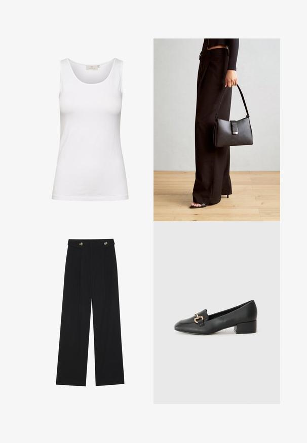 Hvid bomulds tanktop med scoop halsudskæring og slim fit. Viser en glat tekstur og minimal syning, velegnet til lagdeling.; Sorte vide bukser med høj talje, knapdetaljer på taljebåndet og frontfald.; Sorte læder loafers med flad hæl, der har en dekorativ guldhardwaredetalje foran og en glat overflade.; Sort håndtaske med struktureret form, glat overflade og metalspænde. Sammen med brede sorte bukser og sandaler med åben tå på trægulv.