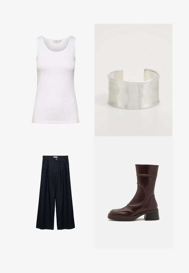 Hvid bomulds tanktop med scoop halsudskæring og slim fit. Viser en glat tekstur og minimal syning, velegnet til lagdeling.; Mørk denim bredbenede bukser med høj talje, der har en frontlukning med knap, to sidelommer og syningsdetaljer.; MIISTA MALENE - Støvletter - brown; Zign Armbånd - silver-coloured