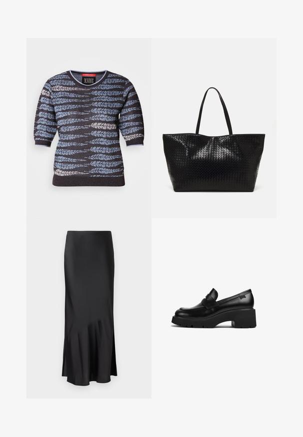 Pulover s kratkimi rokavi, ki ima črno osnovo in modro, sivo ter belo vzorčasto listje. Okrugli ovratnik in strukturirana tkanina.; Črna satenska midi krila z elegantnim dizajnom, ki ima rahlo razširitev na robu in stranski razporek za enostavno gibanje. Gladka tekstura.; Črne usnjene molerke s debelim petom in širokim podplatom ter trakom čez zgornji del, prikazane s strani na beli podlagi.; Črna tkanina torba s trdnimi ročaji, ki ima sijočo teksturo in prostoren odprt zgornji dizajn.