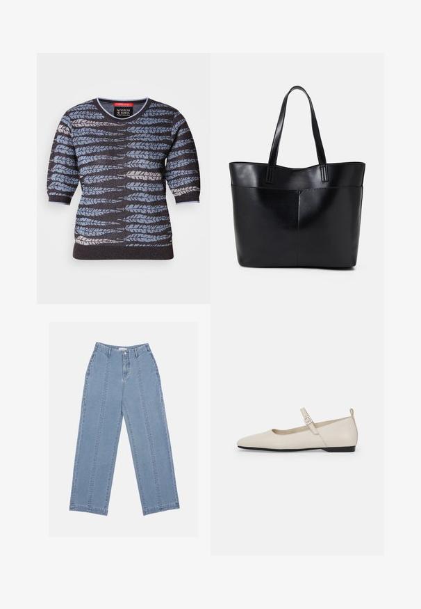 Svetr s krátkým rukávem, s černým základem a modrým, šedým a bílým vzorem listů. Kulatý výstřih a strukturovaná látka.; Světle modré džínové kalhoty s širokými nohavicemi. Mají vysoký pas, knoflíkové zapínání a viditelné prošití. Na přední straně nejsou viditelné kapsy.; Bílé kožené baleríny Mary Jane s špičatou špičkou, postranním sponou a nízkým černým podpatkem. Hladká textura a minimalistický design.; Černá kožená taška s dlouhými ušima, hladkým povrchem a strukturovaným tvarem. Obsahuje přední kapsu pro další úložný prostor.