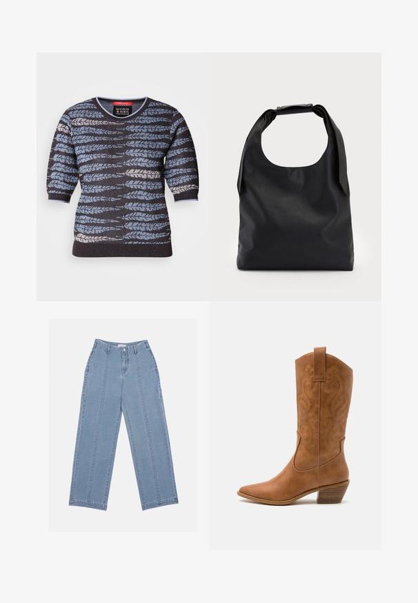 Pulli mit kurzen Ärmeln, mit schwarzem Grund und einem blauen, grauen und weißen Blattmuster. Runder Halsausschnitt und strukturierter Stoff.; Hellblaue weite Jeans aus Denim. Mit hoher Taille, Knopfschluss und sichtbaren Nähten. Auf der Vorderseite sind keine Taschen sichtbar.; Braune Leder-Cowboy-Stiefel mit spitzem Zehenbereich, bestickten Wirbelmustern am Schaft und einem gestapelten Blockabsatz. Verfügt über einen Ziehriemen für das einfache Anziehen.; Schwarze Leder-Hobo-Tasche mit einem einzelnen, weichen, abgerundeten Griff; verfügt über eine glatte Textur und ein minimalistisches Design. Keine sichtbaren Beschläge oder Akzente.