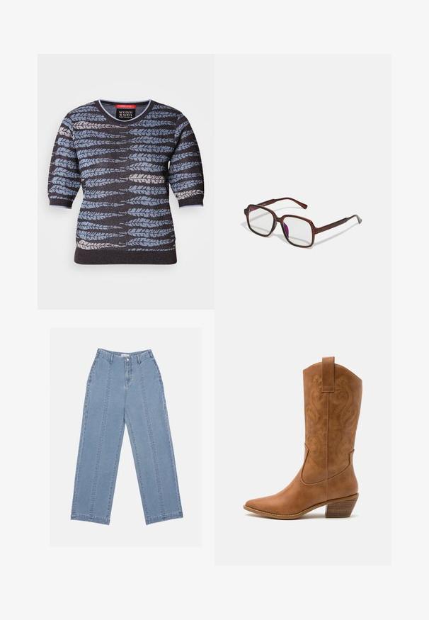 Pulover cu mâneci scurte, având o bază neagră și un pattern de frunze în nuanțe de albastru, gri și alb. Gât rotund și material texturat.; Blugi largi de culoare albastru deschis, confecționați din denim. Au o talie înaltă, închidere cu nasture și cusături vizibile. Nu sunt vizibile buzunare pe față.; Botă de cowboy din piele maro cu vârf ascuțit, cu modele brodate în spirală pe tambur și un toc bloc stratificat. Are o bucată pentru prindere pentru a fi îmbrăcată ușor.; Ochelari de vedere dreptunghiulari, maro, cu lentile transparente și nuanțe de violet. Cadru din plastic neted cu brațe drepte și accente subtile.