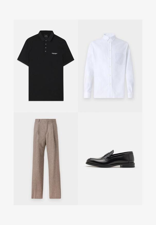 Czarna koszulka polo z bawełny, z klasycznym kołnierzykiem, trzema guzikami z przodu oraz małym białym logo "Armani Exchange" po lewej stronie.; Biała koszula z długim rękawem na guziki, wykonana z bawełny, z kieszonką na piersi z tonowym haftem, kołnierzykiem i zapięciem na guziki przy mankietach.; Brązowe, wysokiej talii spodnie wykonane z teksturowanej tkaniny. Posiadają szerokie nogawki i dwa przednie zakładki dla lepszej struktury. Starannie wykończone, bez widocznych elementów metalowych.; Czarne skórzane mokasyny o gładkiej fakturze, zaokrąglonym nosku i dekoracyjnym pasku na przodzie. Niski, warstwowy obcas, minimalistyczny design.