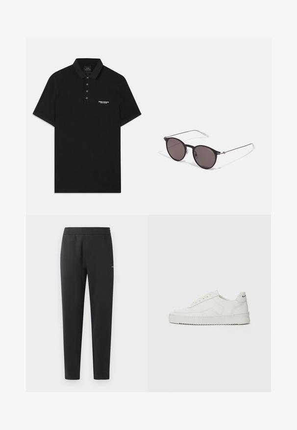 Zwarte polo shirt gemaakt van katoen, met een standaard kraag, een drie-knoopsluiting en een klein wit "Armani Exchange" logo aan de linkerkant.; Zwarte joggingsbroek gemaakt van zachte stof, met een elastische tailleband, rechte pijpen en een klein logo detail aan de zijkant.; Witte leren sneaker met een gladde afwerking, ronde neus, platte veters en een gestructureerde zool. Kenmerkt zich door een subtiel logo op de hiel.; Zwarte ronde zonnebril met donkere lenzen en slanke metalen armen. Inclusief heldere tempelpunten en zilveren accenten bij de scharnier. Minimalistisch ontwerp.