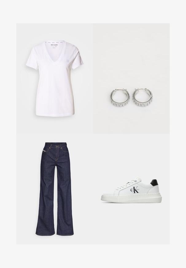 Balts V veida kakla T-krekls, izgatavots no kokvilnas. Īsas piedurknes, brīvs griezums. Diskrets DKNY logo izšūts kreisajā krūtī. Gluda tekstūra.; Tumši zili platleņķa džinsi no denima auduma ar augstu jostasvietu, ar oranžām šuvēm, piecu kabatu dizainu un pogu aizdari.; Baltā zema topa sporta apavas ar melnu papēža cilni, platformas zoli, auklēm un Calvin Klein "CK" logo sānos.; Sudraba gredzena auskari ar faktūras dizainu, kas ietver vertikālas rievas. Apaļa forma ar drošu aizdari. Gluda apdare.