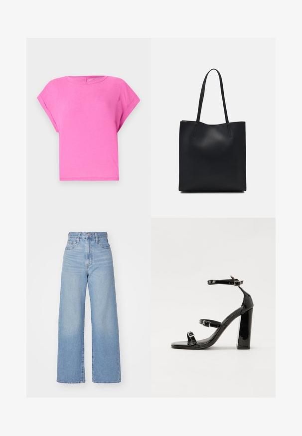 Roosa puuvillane T-särk, millel on lõdva istuvusega, ümmargune kaelus ja lühikesed varrukad. Sile tekstuur ja lihtne disain, ilma nähtavate mustrite või aktsentideta.; Heledad sinine kõrge vöökohaga laiad teksad, ees nupp ja tõmblukk, ees ja taga taskud, valge tausta peal.; Mustad läikiva lakknahaga kõrge kontsaga sandaalid kahe pandlaga, kandilised varbad ja jäme plokk-kontsaosa, millel on sile ja läikiv tekstuur.; Mustast nahast kott sujuva tekstuuriga, ristkülikukujuline ja kahe pika sangaga. Pole nähtavat riistvara ega kaunistusi.