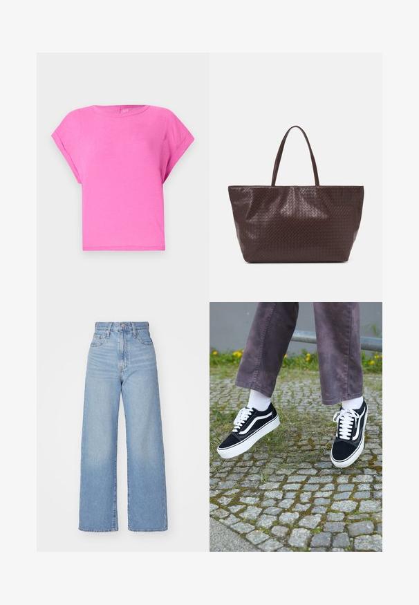 Rožinė medvilninė marškinėliai su laisvu siluetu, apvalia iškirpte ir trumpomis rankovėmis. Lygus paviršius ir paprastas dizainas be matomų raštų ar akcentų.; Šviesiai mėlynos aukšto liemens plačios kojos džinsai su priekiniais užtrauktukais ir sagom, priekinėmis ir galinėmis kišenėmis, ant baltos fono.; Juoda zomšiniai sportbačiai su baltais akcentais, suapvalintu pirštu, storu baltu padu ir klasikinis raištelių dizainas, užsidėti su baltomis kojinėmis ir purpurinėmis kelnėmis.; Rudos pintos odinės rankinės su dviem rankenomis, struktūrine forma ir tekstūruotu paviršiumi, kuriame yra deimantiniai raštai.
