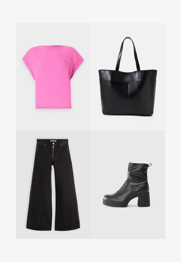 Lyserød bomulds T-shirt med en afslappet pasform, rund halsudskæring og korte ærmer. Glat tekstur og enkelt design uden synlige mønstre eller detaljer.; Vide ben jeans i sort denim med lynlås foran, fem lomme-design og subtile stikninger. Glat tekstur og afslappet stil.; Sorte ankelstøvler lavet af glat læder, med en sidelukning, kraftig struktureret hæl og rundt tådesign.; Sort læder tote taske med to lange håndtag, en glat tekstur og en struktureret form. Har en forlommem for ekstra opbevaring.