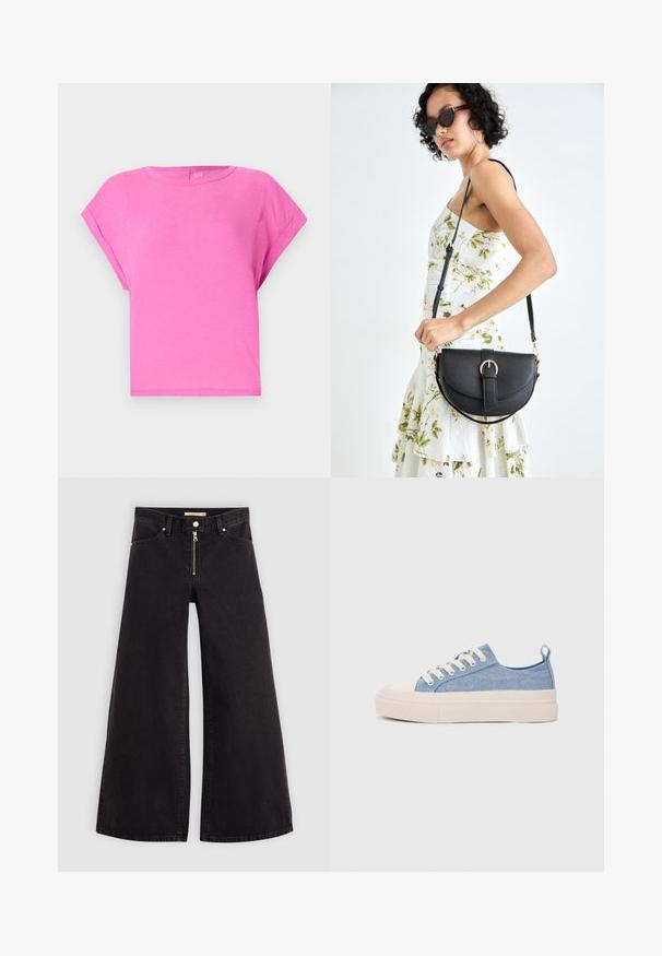 Lyserød bomulds T-shirt med en afslappet pasform, rund halsudskæring og korte ærmer. Glat tekstur og enkelt design uden synlige mønstre eller detaljer.; Vide ben jeans i sort denim med lynlås foran, fem lomme-design og subtile stikninger. Glat tekstur og afslappet stil.; Lyseblå lærredssneakers med en cremefarvet gummitåhætte og sål, udstyret med hvide snørebånd og en træksløjfe på hælen.; Sort læderhåndtaske med en buet form, aftagelig rem og guldfinish. Tasken har en klap med en spænde detalje.