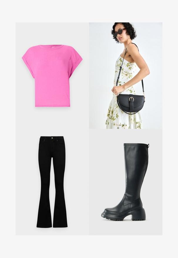 Pink cotton T-shirt with a relaxed fit, round neckline, and short sleeves. Smooth texture and simple design with no visible patterns or accents.; Black high-waist jeans with a button and zip closure, front pockets, and flared legs laid flat on a white background.; Tall black leather boot with chunky platform sole and block heel, featuring pull tab and textured tread on outsole.; Black leather handbag with a curved shape, detachable strap, and gold hardware. The bag features a flap with a buckle detail.