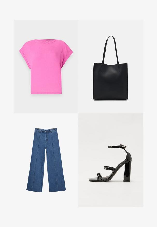 Lyserød bomulds T-shirt med en afslappet pasform, rund halsudskæring og korte ærmer. Glat tekstur og enkelt design uden synlige mønstre eller detaljer.; Bredde ben denim jeans i mellemblå, med høj talje, knaplukning og kontrasterende lodrette sømdetaljer foran.; Sorte patenterede hælsandaler med firkantet tå, ankelremme og sølvspænder. Har en chunky blokHæl for stabilitet.; Sort læder tote taske med glat tekstur, rektangulær form og to lange hanke. Ingen synlig hardware eller udsmykninger.