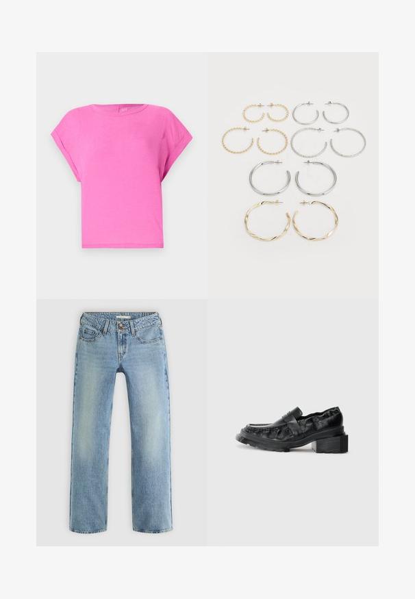 Rozā kokvilnas T-krekls ar brīvu piegriezumu, apaļu kakla izgriezumu un īsām piedurknēm. Gluda tekstūra un vienkāršs dizains bez redzamām rakstām vai akcentiem.; Gaiši zila taisna kāju džinsi, izgatavoti no denima, ar pogu aizdari, piecām kabatām un vieglu izbalēšanu gar kājām.; Melnas ādas loafers ar strukturētu zoli, kurai ir nedaudz pacelts bloku papēdis un teksturēts virspusē, nodrošināts ar priekšējo siksniņu.; Divpadsmit auskaru komplekts ar riņķiem sudraba un zelta tonī. Ietver vītņotus, gludus un teksturētus dizainus ar dažādiem izmēriem un apdares veidiem.