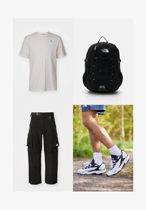 Klättermusen ROOT LOGO TEE - Pamata T-krekls - snow; Melni cargo bikses, kas izgatavotas no izturīga auduma, ar vairākiem kabatām, jostu un logotipu uz apakšējās kājas. Taisna griezuma ar gludu tekstūru.; Melnbalti sporta apavi ar sietiņa augšdaļu, teksturētām akcentiem un baltām šņorēm. Valkāti ar baltām potīšu zeķēm un tumši ziliem šortiem uz ceļa.; Melnā mugursoma ar elegantu dizainu, kurai ir priekšējā bungee vads, sieta sānu kabatas un logo. Izgatavota no izturīga materiāla.